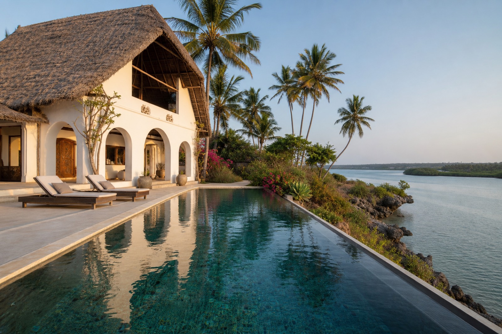 Illustrative image: the demo listing, a Swahili-style house on a creek